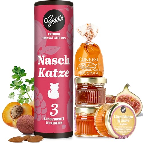 Gepp’s Feinkost Geschenkset “Naschkatze” I 3 Mini-Marmeladengläser als Probierset in den Geschmacksrichtungen Litschi-Guave-Mango, Aprikose-Yuzu & Feige I Gourmet Geschenkset von Gepp's