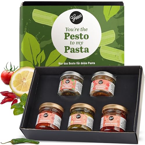 Gepp's Feinkost Pesto Geschenkset I 5-teiliger Geschenkkorb mit italienischen Spezialitäten I 3x Feinkost Pesto & 2x Pasta-Gewürz Bio I Delikatessen Präsentkorb mit Trüffel-Pesto, Pesto Limone u.v.m. von Gepp's