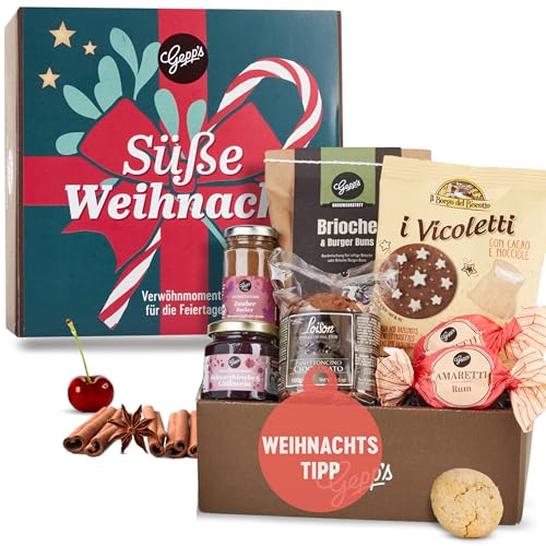 Gepp’s Feinkost Präsentkorb Süße Weihnacht I Premium Fruchtaufstrich Kirsch-Glühwein, Bio Zauberzucker und Brioche Brotbackmischung, dazu Panettoncino Cioccolato, Frollini und Amaretti Rum von Gepp's