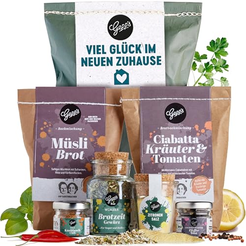 Gepp’s Feinkost Richtfest Geschenkkorb I Brot und Salz Geschenk zum Einzug I Einweihungsgeschenk mit 2 Brotbackmischungen, Zitronensalz & Brotzeit-Gewürzen I Einzugsgeschenke zum Umzug, Hauseinweihung von Gepp's