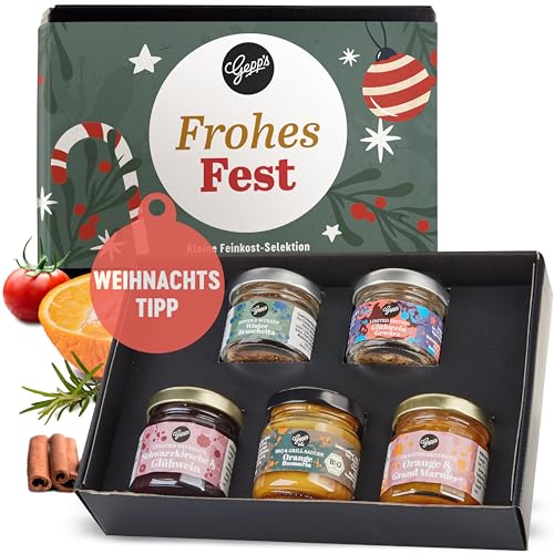 Gepp's Feinkost Weihnachts-Geschenk Frohes Fest I Mini 5er Geschenkset Weihnachten mit köstlichen Delikatessen I Mit Glühwein Gewürz, Fruchtaufstrich, Bruschetta-Dip & Sauce in Winter-Editionen von Gepp's