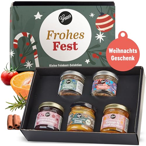 Gepp's Feinkost Weihnachts-Geschenk Frohes Fest I Mini 5er Geschenkset Weihnachten mit köstlichen Delikatessen I Mit Glühwein Gewürz, Fruchtaufstrich, Bruschetta-Dip & Sauce in Winter-Editionen von Gepp's