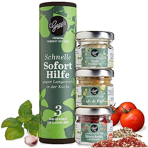 Gepp’s Feinkost Weihnachts-Geschenkset Schnelle Soforthilfe I Gewürze Set mit italienischen Kräutern, französischem Gewürz & spanischem Bio-Knoblauch-Dip I Gewürzbox mit 3 Gewürzmischungen von Gepp's