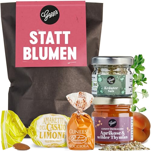 Gepp’s Feinkost Wundertüte Statt Blumen I Geschenkbox als Dankeschön, Geburtstag Mitbringsel für Kollegen I Kleines Geschenkset mit Kräutersalz, Konfitüre, Pralinen I Geschenkidee Männer & Frauen von Gepp's