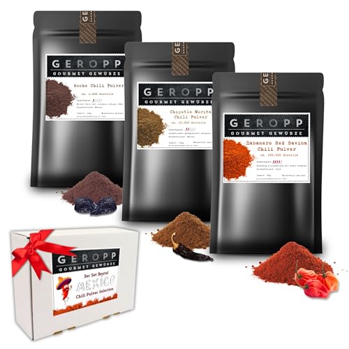 GEROPP-GOURMET 3er Set Mexiko Chili Pulver | Bis 0,2 Mio Scoville | Ancho 150g, Chipotle Morita 150g, Habanero Red Savina 80g im Aromabeutel | Grill & Kochgewürz | Pikant-scharf | Geschenkidee von Geropp Gourmet