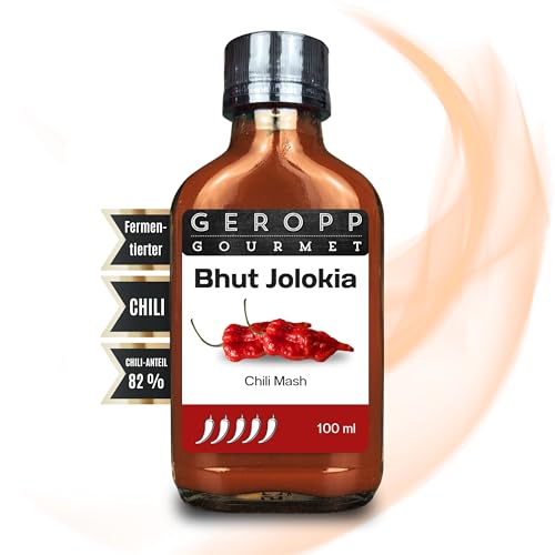 GEROPP-GOURMET Bhut Jolokia Chili Ghost pepper Mash/Püree 100 ml mit 82% Chili | Fruchtig aromatisch | Gewürzsauce für Grillen, Kochen | Feurig-scharf | Geschenk Idee von Geropp Gourmet