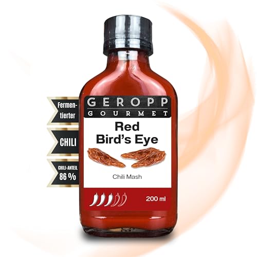 GEROPP-GOURMET Red Bird’s Eye Chili Mash/(Tabasco) 200 ml mit 86% Chili | Fruchtig aromatisch | In wiederverschließbarer Glasflasche | Gewürzsauce für Grillen, Kochen | Sehr-scharf | Geschenk Idee von Geropp Gourmet