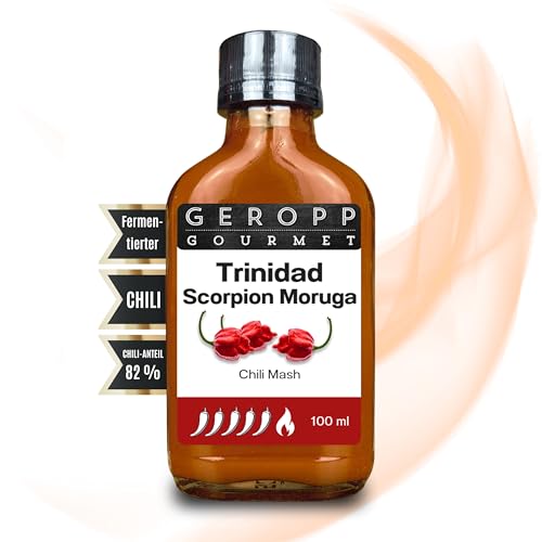 GEROPP-GOURMET Trinidad Scorpion Chili Mash/Püree 100ml mit 82% Chili | Fruchtig aromatisch | In wiederverschließbarer Glasflasche | Gewürzsauce für Grillen, Kochen | Extrem-scharf | Geschenk Idee von Geropp Gourmet