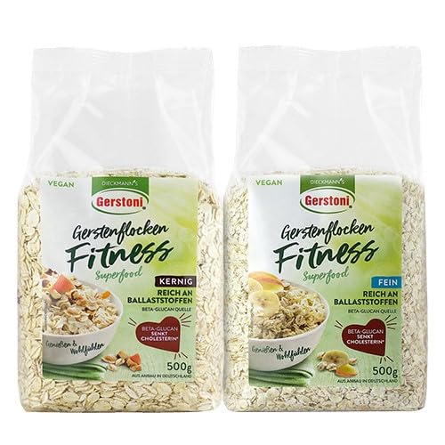 Gerstoni Gerste-Fitnessflocken Mixed, mild-nussige Gerstenflocken fein & kernig, PREMIUM-QUALITÄT reich an Ballaststoffen mit Beta-Glucan (2x1) von Gerstoni