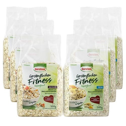 Gerstoni Gerste-Fitnessflocken Mixed, mild-nussige Gerstenflocken fein & kernig, PREMIUM-QUALITÄT reich an Ballaststoffen mit Beta-Glucan (2x3) von Gerstoni