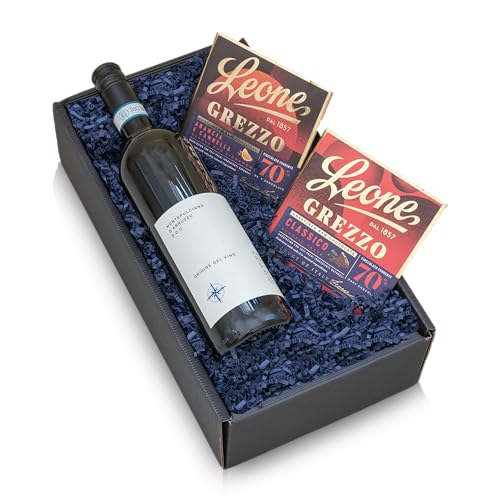 The Wine Guys Geschenk-Set „Bella Culinaria“ mit Wein und Schokolade in einem Geschenkkarton | Italienischer Rotwein Montepulciano mit edler Leone Zartbitterschokolade 60% Cacao und 40% Cacao von The Wine Guys