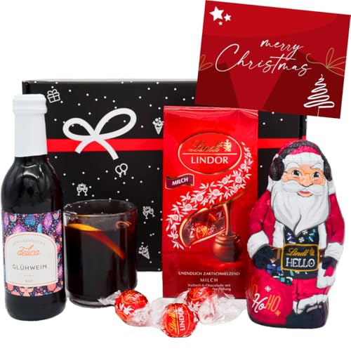 Geschenkset "Glühwein & Lindt Schokolade" | Weihnachten Präsentkorb gefüllt mit Wein, Nikolaus, Lindor Pralinen & Grußkarte | Geschenkkorb für Frauen & Männer von Geschenkbox - 24