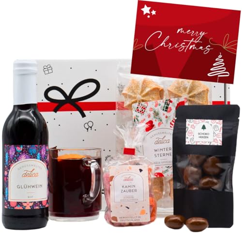 Geschenkset "Glühwein & Schokolade" | Weihnachten Präsentkorb gefüllt mit Wein, Keksen, Schokolade Pralinen & Grußkarte | Geschenkkorb für Frauen & Männer von Geschenkbox - 24