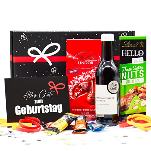 Geburtstag-Geschenkset "Wein & Schokolade" | Geschenkkorb gefüllt mit Rotwein, Lindt Pralinen & Glückwunsch Karte von Geschenkbox - 24