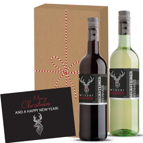 Glühwein Geschenkset mit 2x Becksteiner Winzer Wein (rot & weiß), Weihnachtskarte und Geschenkbox von Geschenkbox - 24