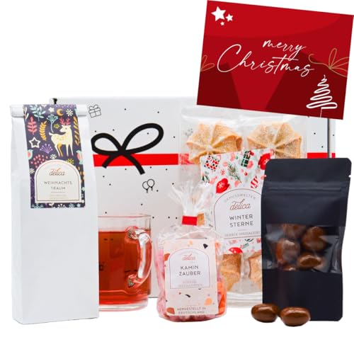 Weihnachtliches Geschenkset „Winterzeit“ | Geschenkkorb mit Tee, Weihnachtsgebäck & Schokolade Pralinen, Bonbons und Weihnachten Grusskarte von Geschenkbox - 24