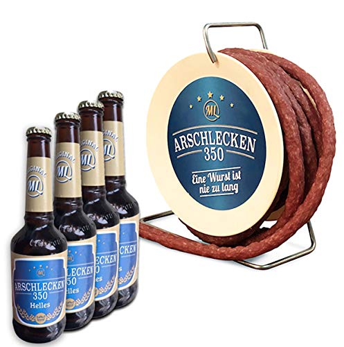 Arschlecken 350 Wursttrommel Bierset, 3,5m lange, scharfe Snackwurst (240g) & 4 Flaschen Bier á 0,33l von Geschenkbox