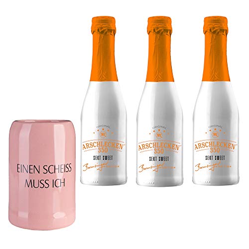 Geschenkbox Piccolo Prosecco Set mit Rosa Krug Proseccokrug aus Steingut, 0,33l mit Aufschrift EINEN Scheiss MUSS ICH & 3 x Prosecco AL350 von Geschenkbox