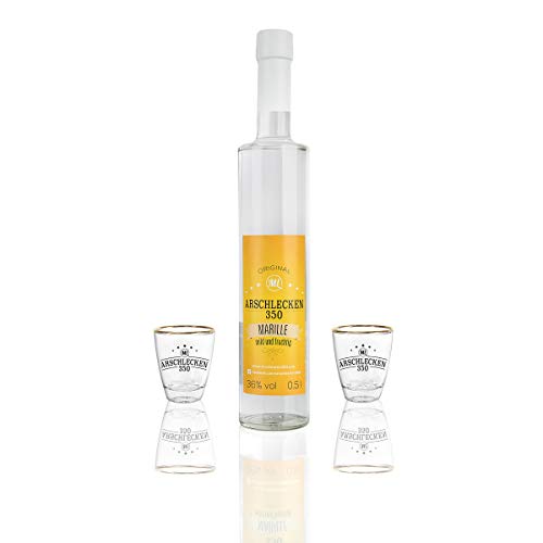 Geschenkset Arschlecken 350 Markus Langer 0,5l Schnaps Marille Aprikose & 2 Schnapsgläser Stamperl aus Glas, 2 cl von Geschenkbox