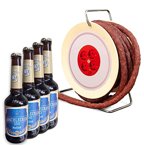 Snackwurst Wursttrommel Bierset, 3,5m lange, scharfe Snackwurst (240g) & 4 Flaschen Bier Arschlecken 350 á 0,33l von Geschenkbox