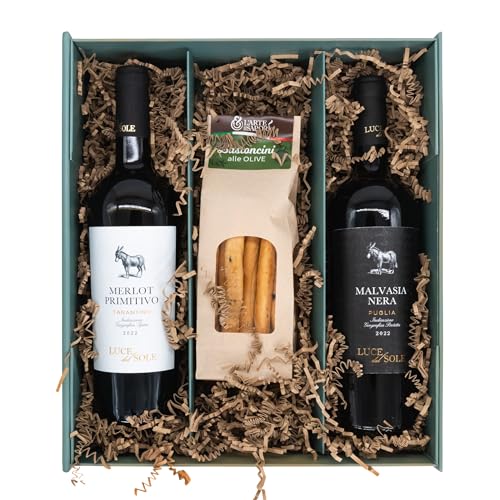 Weinbox Italien mit Bio Grissini - Premium Geschenkset mit Merlot-Primitivo & Malvasia Nera von Luce del Sole aus Apulien, Perfekt für Weinliebhaber und besondere Anlässe von Geschenkbox