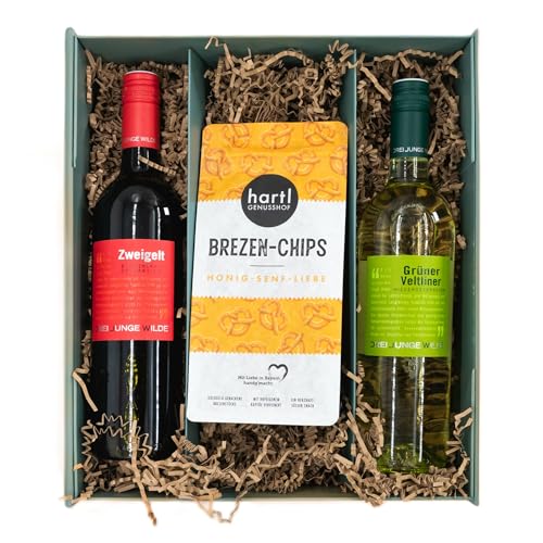 Weinbox Österreich mit Honig-Senf Brezen-Chips - Premium Geschenkset mit Zweigelt Rotwein Weißwein & Weißer Veltliner Weißwein Rose von Drei Junge Wilde, Perfekt für Weinliebhaber & besondere Anlässe von Geschenkbox