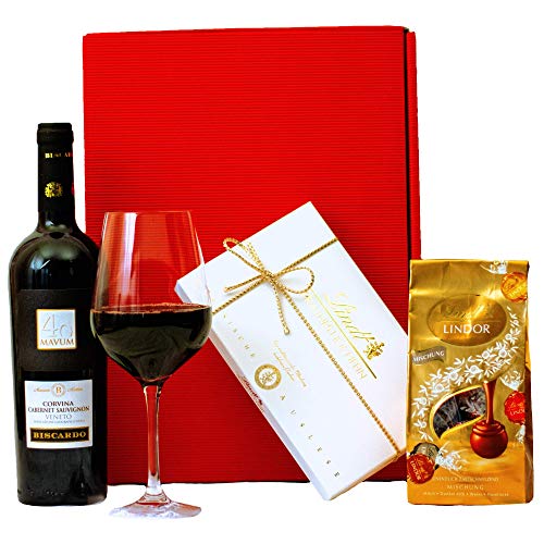 Geschenkset Mailand | Geschenkkorb gefüllt mit Rotwein & Lindt Pralinen | Wein und Schokolade Präsentkorb für Frauen & Männer zu Geburtstag, Dankeschön, Muttertag von Geschenkbox - 24
