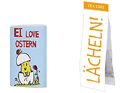 Geschenkidee Tea TIME Kräutertee Lächeln in einem hochwertigen japanischen Teebeutel mit Lesezeichen auf & Vollmilchschokolade Ei Love Ostern von Geschenkidee