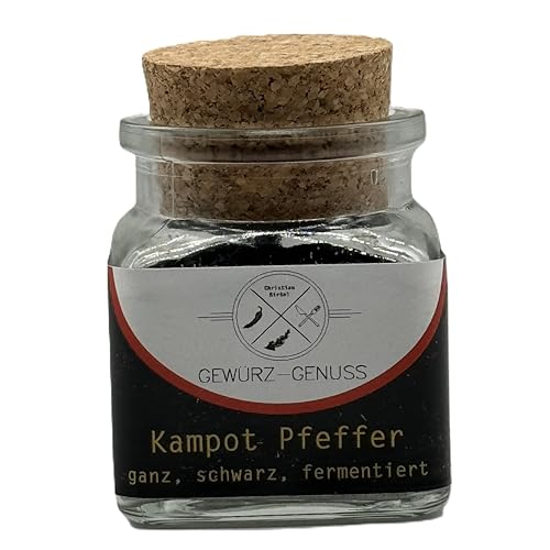 Kampot Pfeffer, 40g - by Gewürz-Genuss | Ganz, schwarz, fermentiert von Gewürz-Genuss - Vegan, glutenfrei - Intensives Aroma als Topping für Fisch, Fleisch & Gemüse - Gourmet Pfeffer aus Kambodscha von Gewürz-Genuss