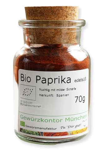 Bio Paprika Edelsüß 70g im Glas | Fruchtiges Aroma mit milder Schärfe | Herkunft: Spanien | Ideal für Fleisch, Fisch, Geflügel, Gemüse & Gulasch | Hochwertige Bio-Qualität Gewürzkontor München von Gewürzkontor München Tu´ Dir gut!