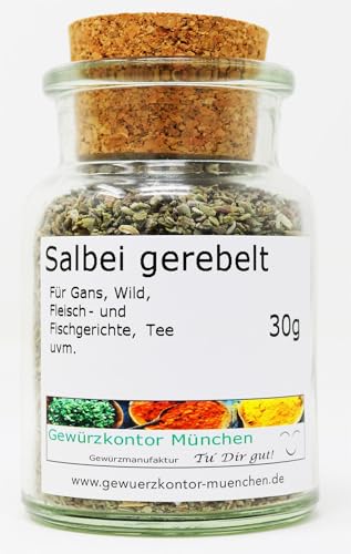 Salbeiblätter gerebelt 30g im Glas | Aromatische Gewürzmischung für Fleisch, Fisch, Wild, Pasta, Pizza & mehr | Naturreine Qualität | Perfekt für Kräutersaucen, Marinaden, Salate Gewürzkontor München von Gewürzkontor München Tu´ Dir gut!