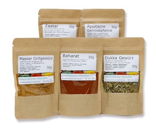 Afrika Gewürze Probierset-1, Dukkah Gewürz, Masai Grillgewürz, Baharat, Zaatar, Ägyptische Gemüsepfanne von Gewürzkontor München Tu´ Dir gut!