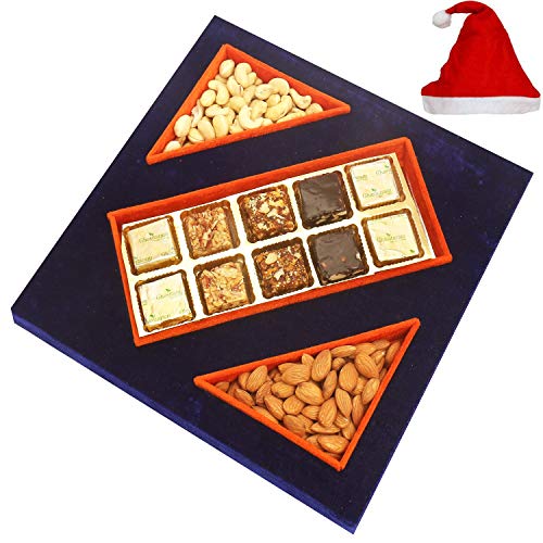 Ghasitaram Gifts Christmas Gifts - Blue Velvet Tray of Assorted Bites 250 GMS, Almonds 100 GMS and Cashew 100 GMS Pouches von Ghasitaram Gifts