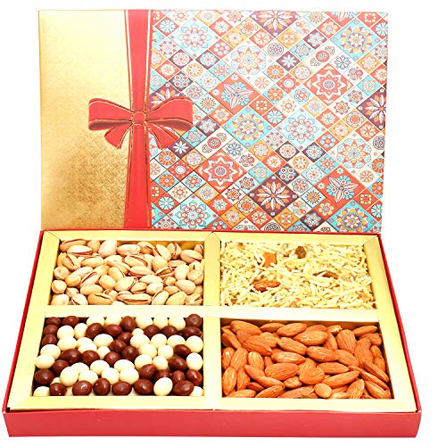 Ghasitaram Gifts Diwali Gifts Diwali Dryfruit - Printed Bow Hamper Box with Almonds, Pistachios, Namkeen and Nutties 400 GMS von Ghasitaram Gifts