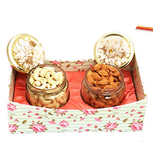 Ghasitaram Gifts Diwali Gifts Diwali Dryfruits - Almonds and Cashews Jars in Tray von Ghasitaram Gifts