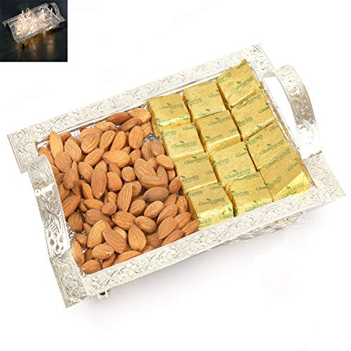 Ghasitaram Gifts Diwali Gifts Diwali Hamper- Silver Mesh Basket Basket with Chcolates and Almonds von Ghasitaram Gifts