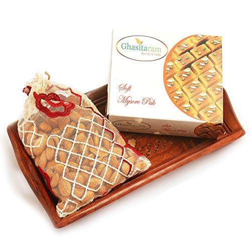 Ghasitaram Gifts Diwali Gifts Small Wooden Serving Tray with Soft Mysore Pak, and Almonds von Ghasitaram Gifts