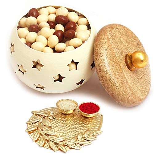 Ghasitaram Gifts Diwali Gifts - White Wooden Nutties Jar with Pooja Thali von Ghasitaram Gifts