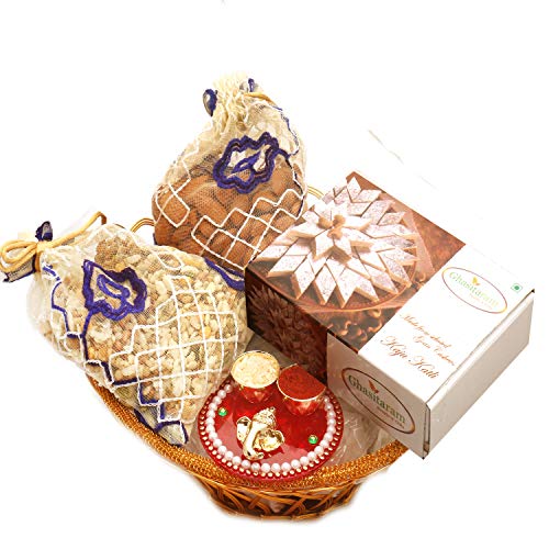 Ghasitaram Gifts Indian Sweets - Mother's Day Gifts - Hampers- Gold Wired Basket with Kaju Katli, Almonds, Namkeen Pouch with Mini Pooja Thali von Ghasitaram Gifts