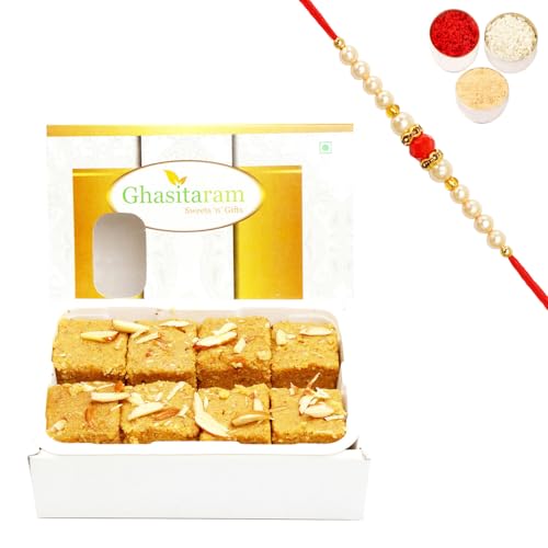 Ghasitaram Gifts Nani's Special Besan Barfi with Om Beads Rakhi (200g) von Ghasitaram Gifts