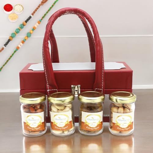 Ghasitaram Gifts Rakhi Gifts for Brothers Apex Wooden Box of 4 Dryfruits Jars with 2 Green Beads Rakhis von Ghasitaram Gifts