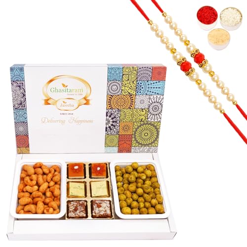 Ghasitaram Gifts Rakhi Gifts for Brothers Assorted Festive Box of Assorted Bites, Crunchy Cashews, Crunchy Peanuts with 2 Pearl Beads Rakhis von Ghasitaram Gifts