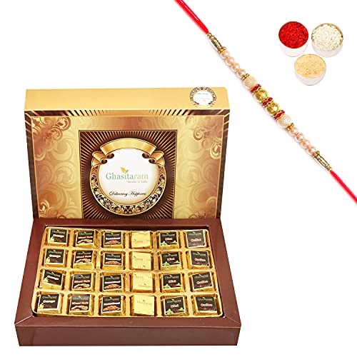 Ghasitaram Gifts Rakhi Gifts for Brothers Big 6 Flavours Sugarfree Choclate Box 24 pcs with Pearl Rakhi von Ghasitaram Gifts