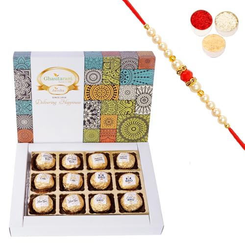 Ghasitaram Gifts Rakhi Gifts for Brothers Channa Laddoos 12pcs with Captions with Pearl Beads Rakhi von Ghasitaram Gifts