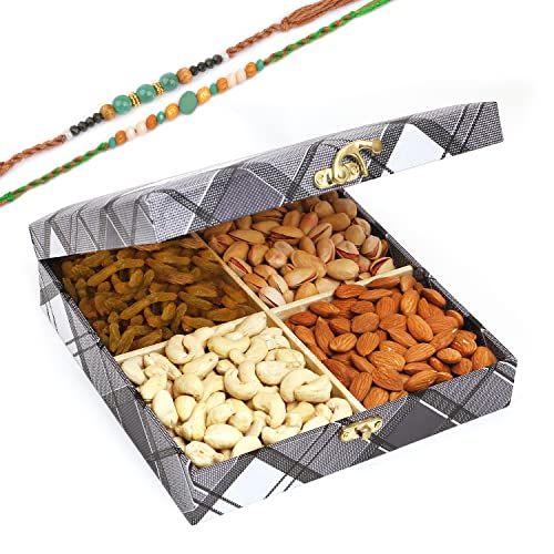 Ghasitaram Gifts Rakhi Gifts for Brothers Cross Check Wooden Dryfruits Box with 2 Green Beads Rakhis von Ghasitaram Gifts