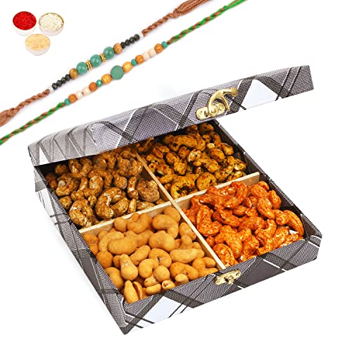 Ghasitaram Gifts Rakhi Gifts for Brothers Cross Check Wooden Dryfruits Box with Assorted Cashews with 2 Green Beads Rakhis von Ghasitaram Gifts