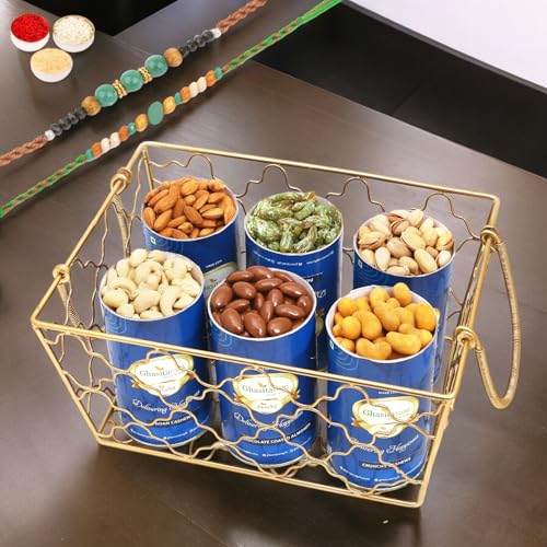 Ghasitaram Gifts Rakhi Gifts for Brothers Designer Metal Basket of 6 Cans with 2 Green Beads Rakhis von Ghasitaram Gifts