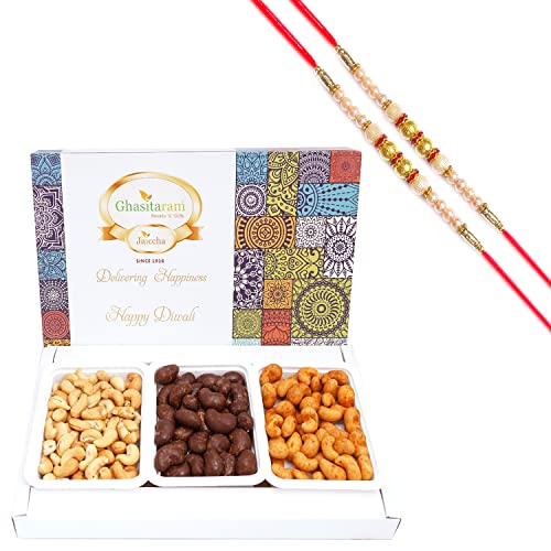 Ghasitaram Gifts Rakhi Gifts for Brothers Dryfruit - Assorted Festive Box of Cashews, Chocolate Coated Cashews, Crunchy Cashews and Roasted Cashews with 2 Pearl Rakhis von Ghasitaram Gifts