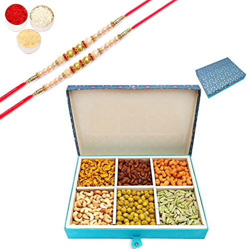 Ghasitaram Gifts Rakhi Gifts for Brothers Dryfruit - Blue 6 Part Flavoured Nuts Box 1500 GMS with 2 Pearl Rakhis von Ghasitaram Gifts