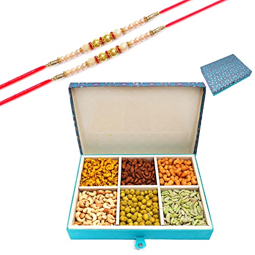 Ghasitaram Gifts Rakhi Gifts for Brothers Dryfruit - Blue 6 Part Flavoured Nuts Box 900 GMS with 2 Pearl Rakhis von Ghasitaram Gifts